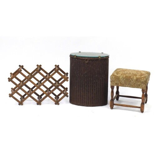Lloyd loom laundry basket, folding wine rack and a stool