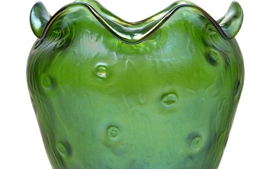 Loetz (Austrian), a large ‘Rusticana’ glass jardinière lacking metal foot, c.1900, ground out pontil, The green glass with wavy rim, moulded with small dimples and exhibiting an iridescent sheen, 21.5 cm high, 24 cm wide
