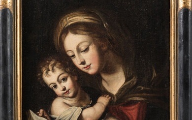 Lot 42 ECOLE ITALIENNE du XVIIème siècle, suiveur de Carlo CIGNANI. "Vierge à l'Enfant". Huile sur toile....