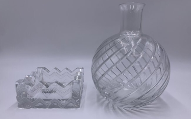 Lot of 2 Baccarat Crystal Cyclades Round Swirl Vase & Lalique Clear Soudan Ashtray