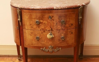 Louis Xvi Style Marquetry Inlaid, Marble Top Demi Lune Commode, H 31’’ W 35’&#8217