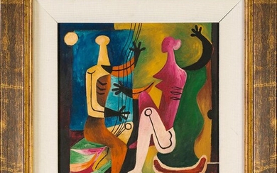MARIO CARREÑO (Havana, Cuba 1914-Santiago de Chile 1999) "Figures with moon and harp". 1947 Oil on cardboard Signed and dated 1947 Measurements: 29,5 x 29,5 cm. Previous source: -Sarracino Gallery, Coral Gables, Florida Bibliography of