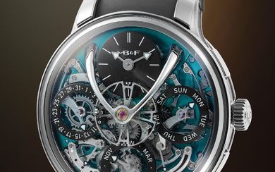 MB&F, An exceptional and cutting edge titanium openwork perpetual calendar wristwatch with flying balance wheel, power reserve, warranty and presentation box