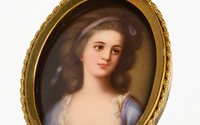 MINIATURE PAINTING, Portrait of girl with hair band, circa 1900. Painting on porcelain, with frame in gilt brass.