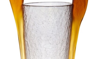 Marie Kirschner (1852-1931) for Loetz (attributed), Vase with handles, circa 1930, Clear 'craquele' glass, amber glass handles, Unmarked, 19cm high