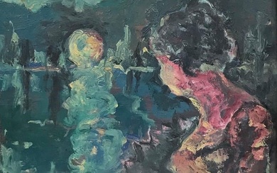 Mid 20th Century French Expressionist Oil Elegant Lady looking over Moonlit Lake