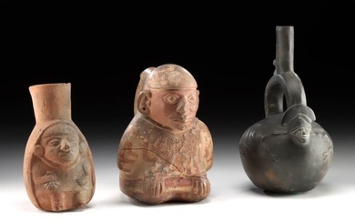 Moche Figural Jars + Chimu Stirrup Vessel