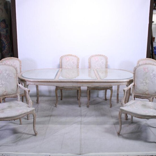 Modern Glass & Rattan Top Dining Table & 6 Chairs