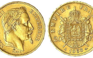 Monnaies et médailles d'or étrangères, France, Napoléon III, 1852-1870, 20 francs 1868 A, Paris. 6,45...