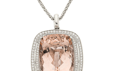 Morganite, Diamond, White Gold Pendant-Necklace The pendant features a...