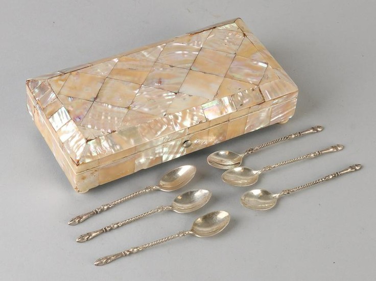 Mother of pearl spoon box filled with six silver