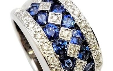 Multi Row Natural Blue Sapphire and Diamond Wide 14 Karat White Gold Band Ring