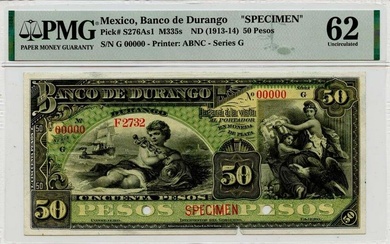 ND (1913-14) 50 Pesos Mexico Banco de Durango M335s Specimen PMG MS62