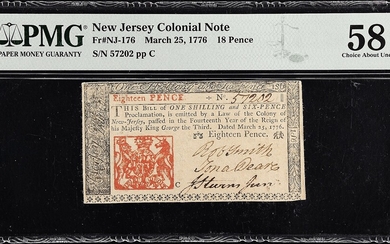 NJ-176. New Jersey. March 25, 1776. 18 Pence. PMG Choice About Uncirculated 58.