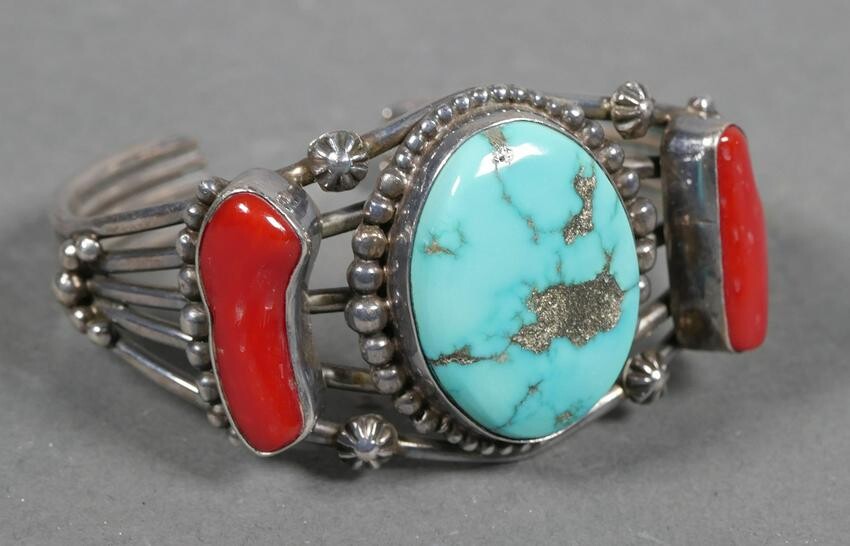 Navajo Sterling Silver Turquoise Coral Bracelet