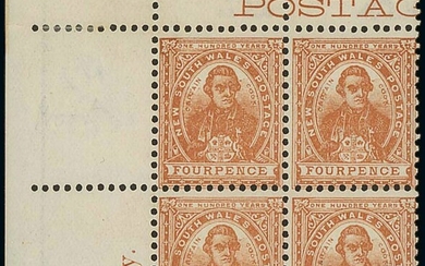 New South Wales 1907 4d. orange-brown top left corner block of four, the left vertical pair wi...