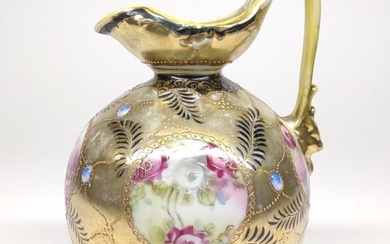 Nippon Jeweled Gold Floral Rose Ewer / Pitcher