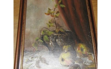 OIL ON BOARD, still life "jug with apples" indistinctly sign...