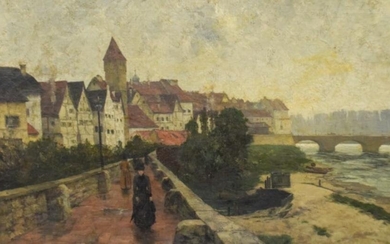 Oil on Canvas Continental Village Scene