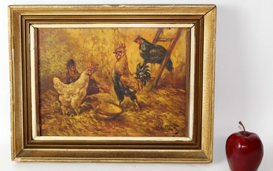 Oil on board depicting Roosters