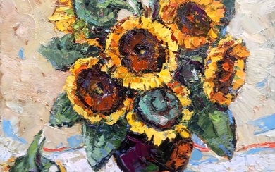 Oil painting Sunflowers on the table Kalenyuk Alex