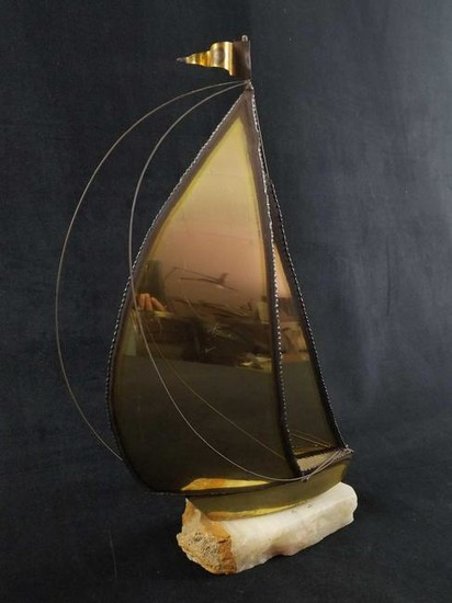 Old Brass Metal and Stone Sail Boat Sculpture