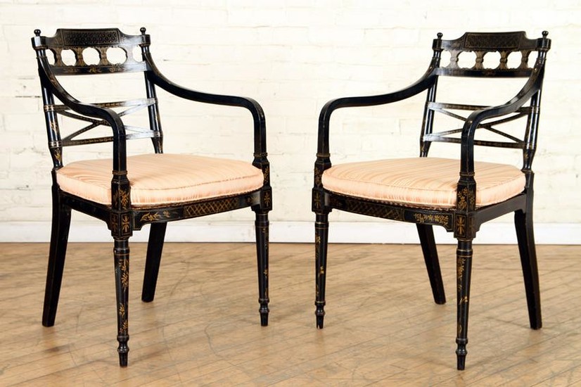 PAIR 19TH C. ENGLISH ADAMS STYLE OPEN ARM CHAIRS