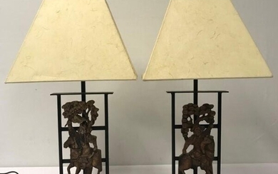 PAIR MODERN IRON & WOOD ORIENTAL STYLE TABLE LAMPS