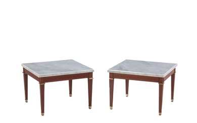 PAIR OF INLAID BRONZE MOUNTED MARBLE TOP END TABLES IN...