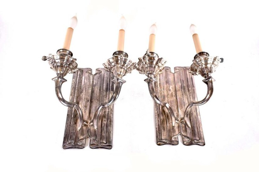 PAIR OF SILVERED METAL TWO-LIGHT SCONCES