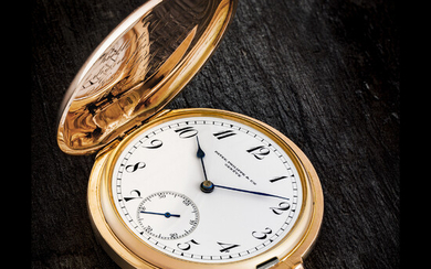 PATEK PHILIPPE. 18K PINK GOLD HUNTER CASE POCKET WATCH WITH ENAMEL DIAL AND BREGUET NUMERALS MANUFACTURED IN 1900