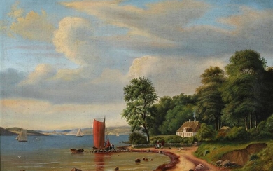 SOLD. Painter unknown, 19th century: Coast scenery at the edge of the forest. Unsigned. Oil...