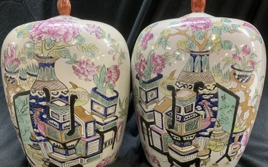 Pair Antique Asian Porcelain Heavy Ginger Jars
