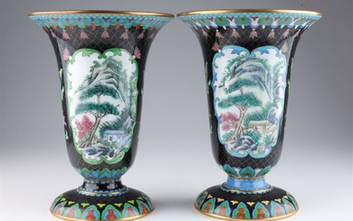 Pair Antique Japanese Painted Cloisonne Vases
