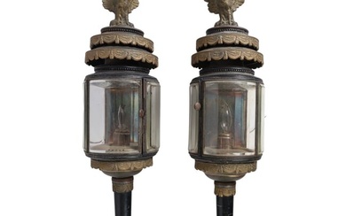 Pair Glass & Brass Carriage Lamps w/ Eagle Finials