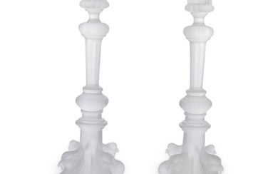 Pair Lalique Style Frosted Glass Candlesticks