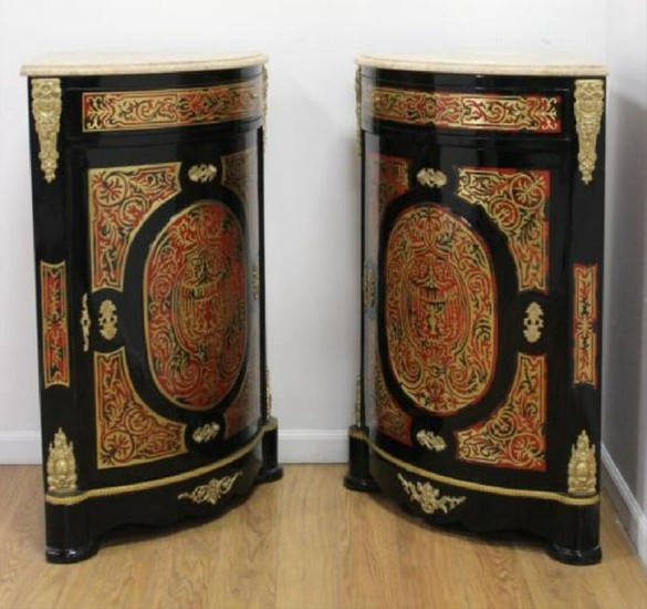 Pair Of Boulle Style Marble Top Corner Cabinets