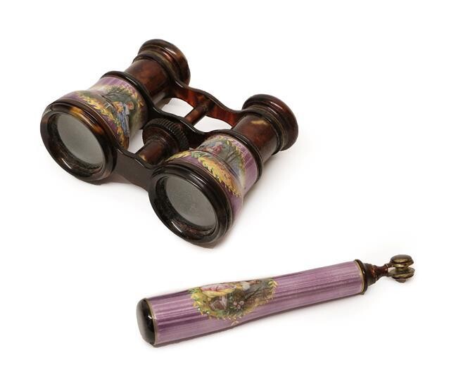 Pair of 19th Century Opera Glasses, mounted with purple enamel...