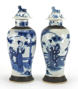 Pair of Chinese blue and white crackle glazed baluster vases...