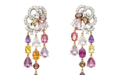 Pair of Coloured Sapphire and Diamond Pendent Earrings