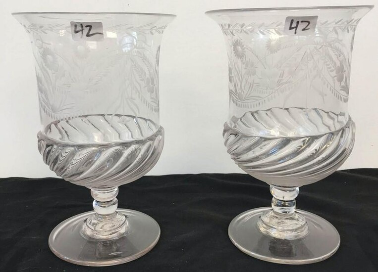 Pair of Early 1800's footed Etched Glass Urns