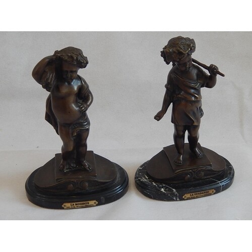 Pair of French Bronze La Moisson Figures of Cherubs on Black...