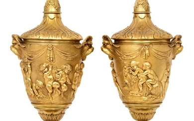 Pair of French Gilt Metal Covered Urns