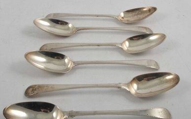 Pair of Georgian silver tablespoons, Thomas Chawner, London 1773, and other Georgian tablespoons.