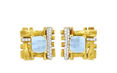 Pair of Gold, Aquamarine and Diamond Earrings