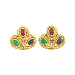Pair of Gold and Cabochon Colored Stone Earclips