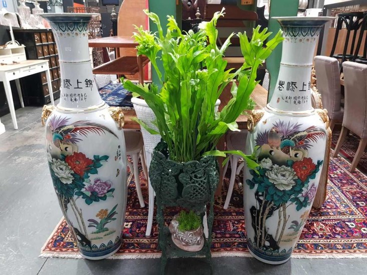 Pair of Large Chinese Porcelain Double Handled Floor Vases, both with chrysanthenums and ho-ho bird, circa 1970s (H: 130 x D: 40cm)