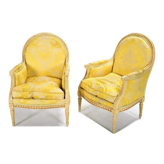 Pair of Louis XVI Style Carved and Painted Bergeres