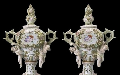 Pair of Porcelain Cherubs & Floral Vases