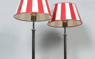 Pair of table lamps with striped lampshade.
